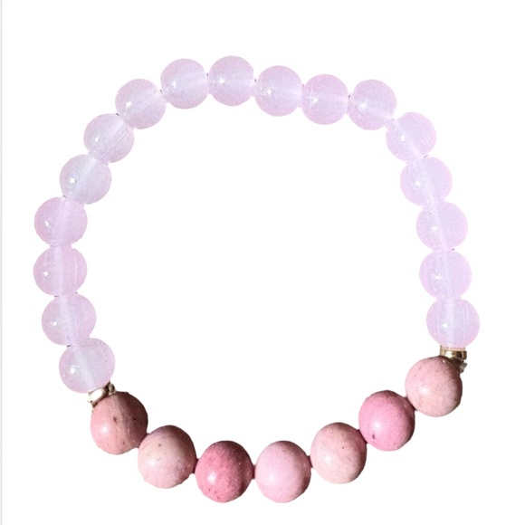None Jewelry - Rose Quartz and pink Beaded Bracelet with two silver accent beads.